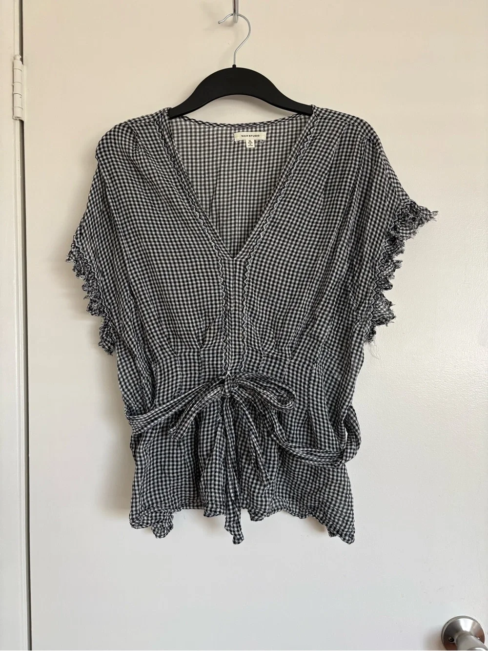 Max Studio Black White Gingham V-Neck Ruffle Sleeve Blouse